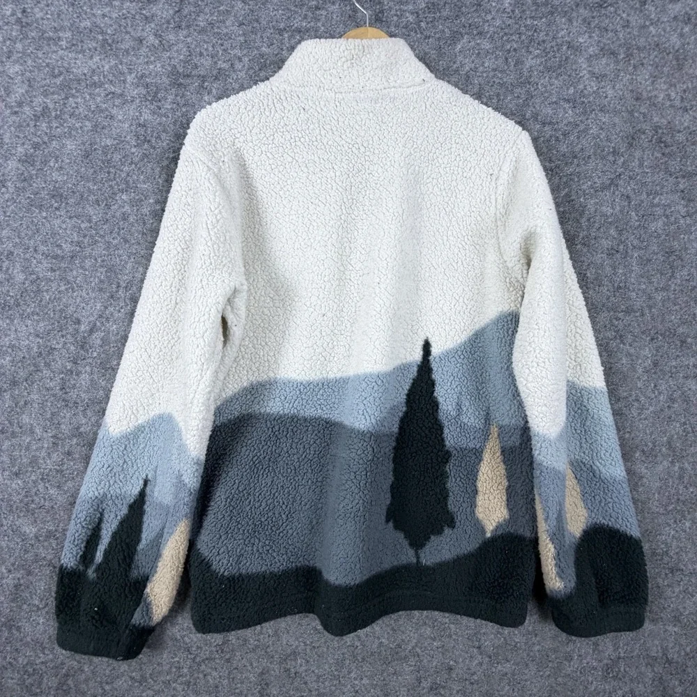 Hoodies Fleece Sherpa Jacket Mens Medium Blue Ivory Mountain Graphic 1/4 Zip